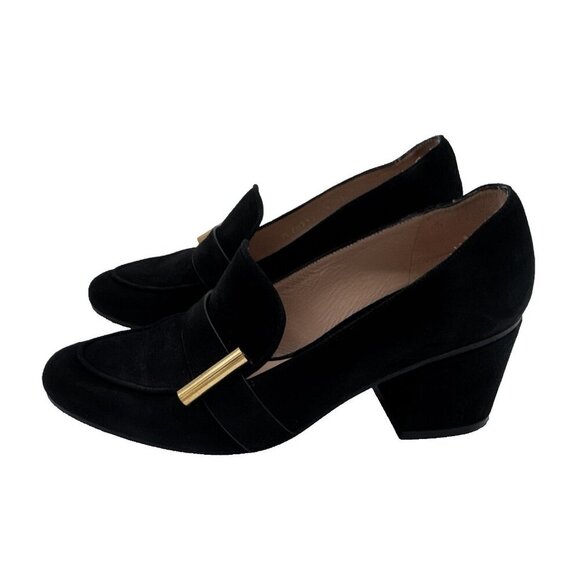 Stuart Weitzman Women The Preston Cylinder Pump Loafer Size 6 M black Suede Heel - Picture 3 of 16
